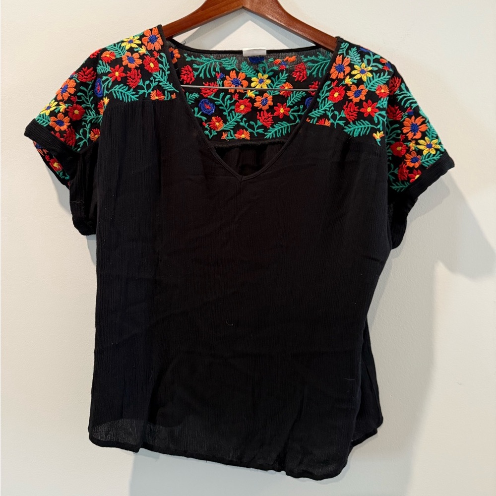 By Together Black Top with Colorful Floral Embroidery Size S